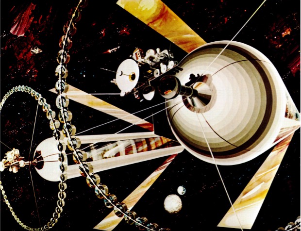 Artist’s painting of “Island Three” type O’Neill cylinders